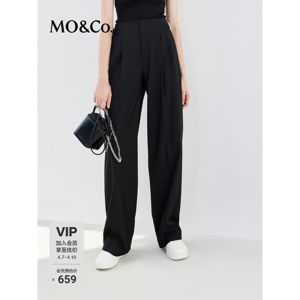 Calças MOCO Estilo Funcional Fivela de Metal Design de Cintura Alta Sensação em Pé Plissado Calças de Perna Larga Preto 