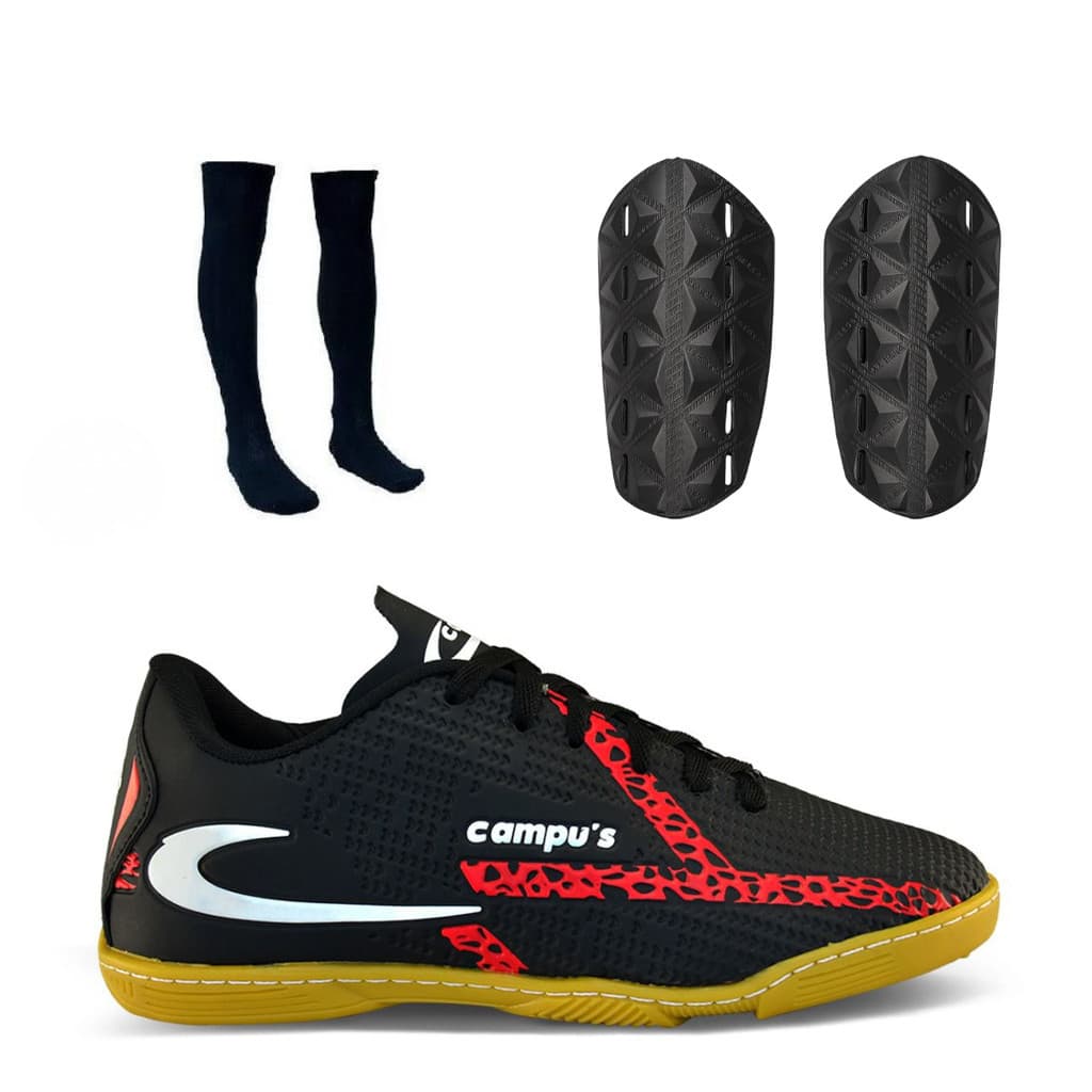 Kit Chuteira Futsal Indoor Meião e Caneleira Sola de Borracha Costurada