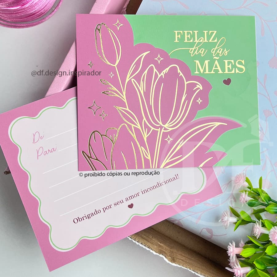 10, 25 Postais Dia das Mães | Tulipas - com Hotstamping - Cartões para presentes ou encomendas