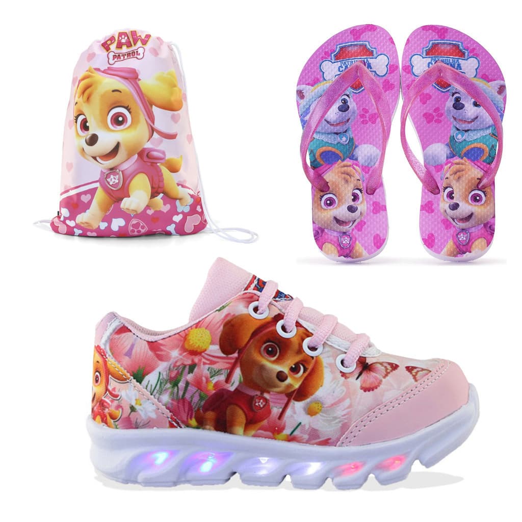 Kit Tênis de Led com Mochila e Chinelo Confortável para Escola e Passeio
