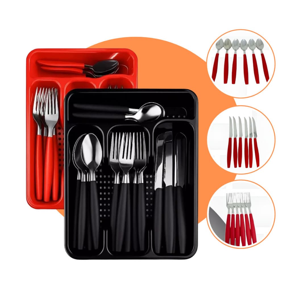 Faqueiro Inox Jogo De Talheres Porta Talher Com 25 Peças Preto,Vermelho e Verde