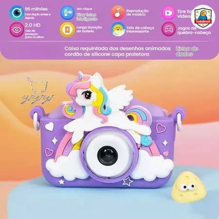 Mini Câmera Infantil Temática Unicórnio com Estojo de Silicone - Diversão com Fotos e Jogos