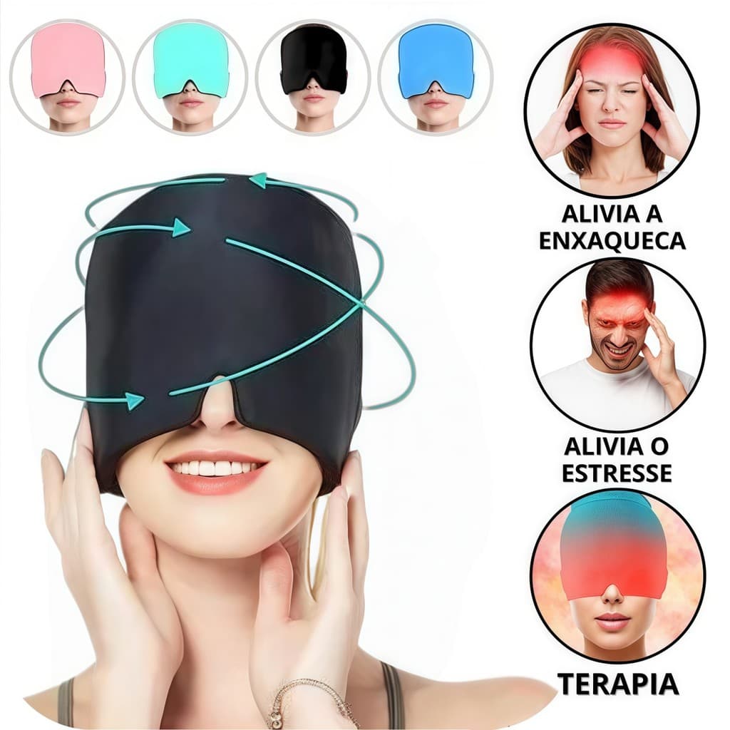 ❄️Touca Gelada para Enxaqueca + Máscara Facial Confortável: Alívio Natural da Dor!