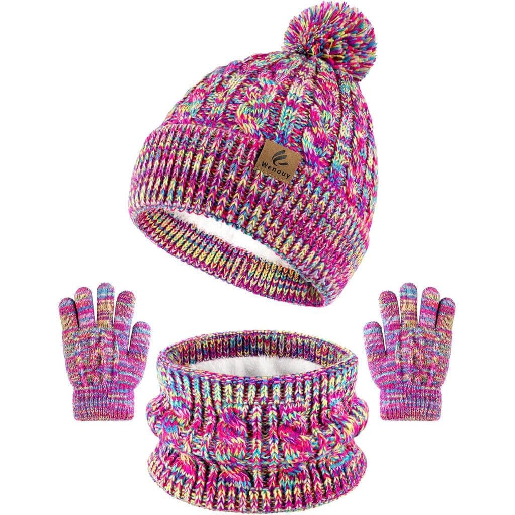 Conjunto de Inverno para Crianças: Gorro, Luvas e Cachecol, Gorro de Inverno para Bebês com Pompom, Cachecol de Tricô, L