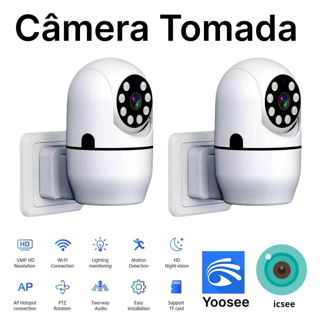 KIT 1 - 2 Câmera Tomada Wi-fi facilidade na instalação 1080P Giratória App Yoosee icsee