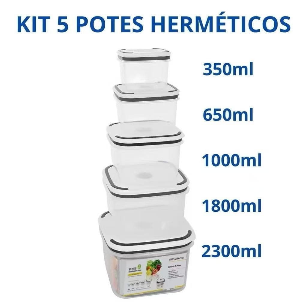 Kit De 5 Potes Herméticos Plastico Para Mantimentos Micro-ondas Alimentos Geladeira Frutas Marmita