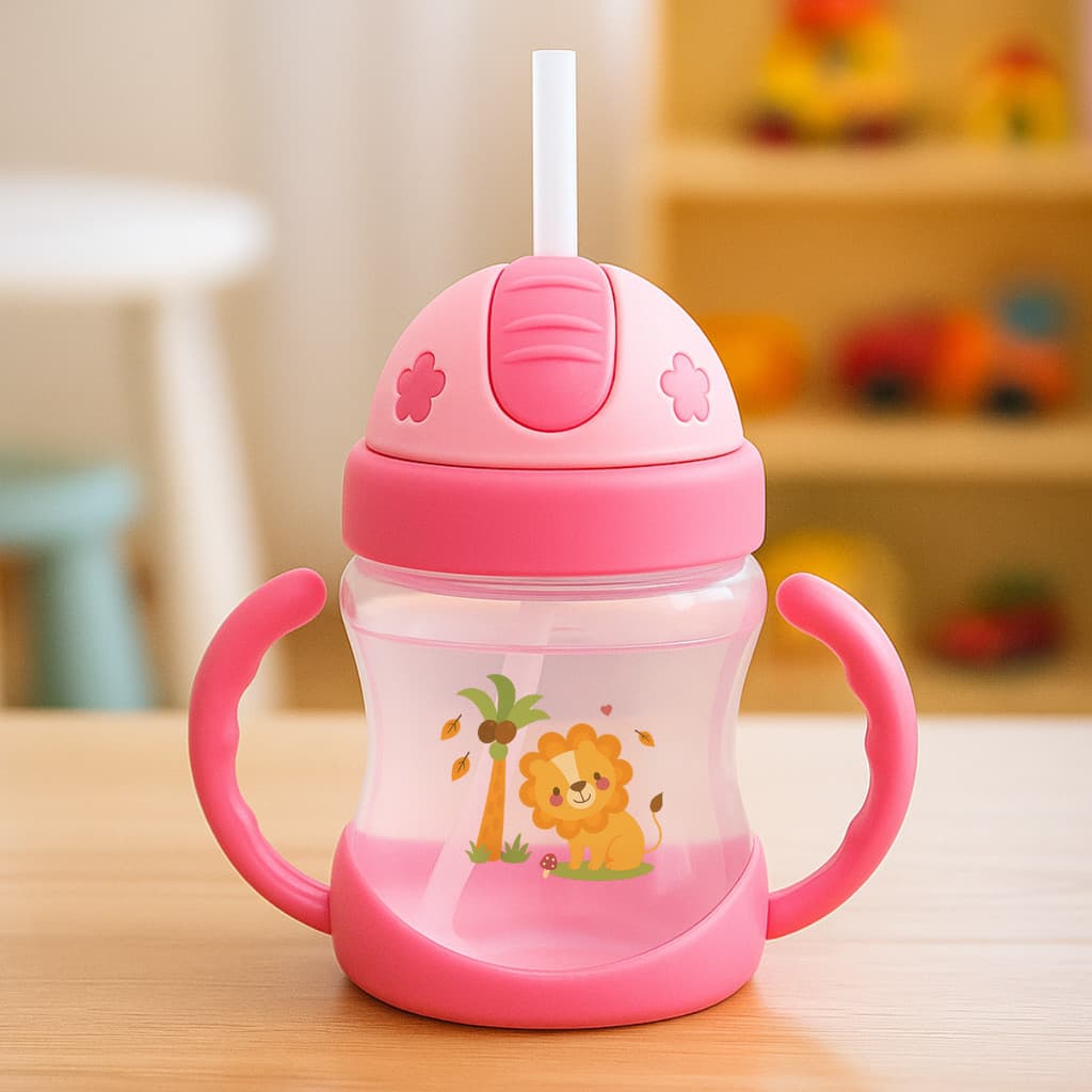Copo de Transição Infantil Rosa 250ml com Canudo de Silicone BPA Free Antivazamento | Copo de Bebê