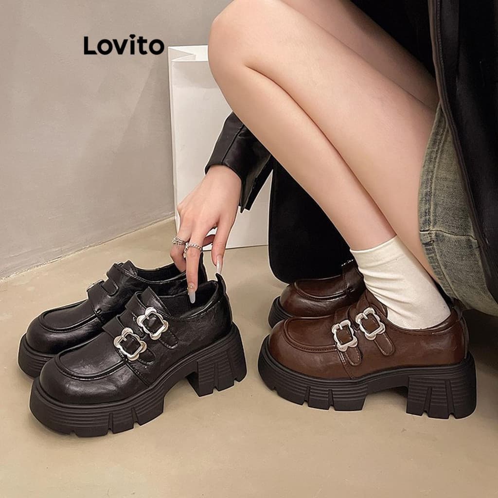 Lovito Vintage Plain Sweet Cool Sola grossa Alças duplas Estilo britânico Outfit Mary Jane para mulheres LFA58274