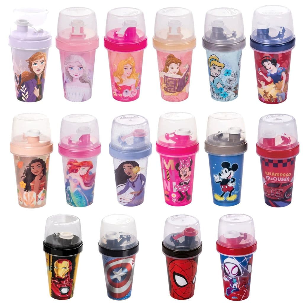 Mini Shakeira Infantil Copo c/ Tampa Minnie/Mickey/Homem de Ferro/Homem Aranha/Frozen Disney 320mL Plasútil