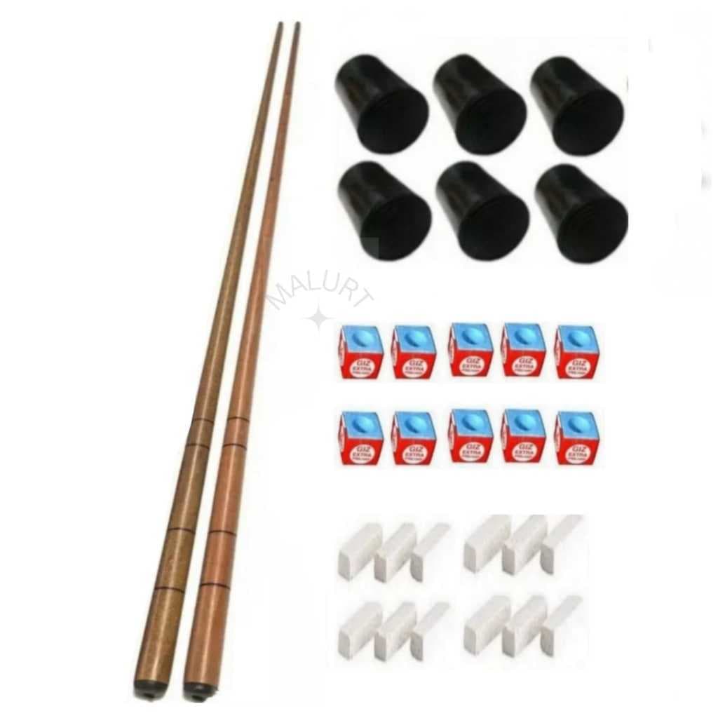 2 Tacos para Sinuca Bilhar Ipê Goiabão 1.45m Primeira linha + Kit Giz + 6 Virolas