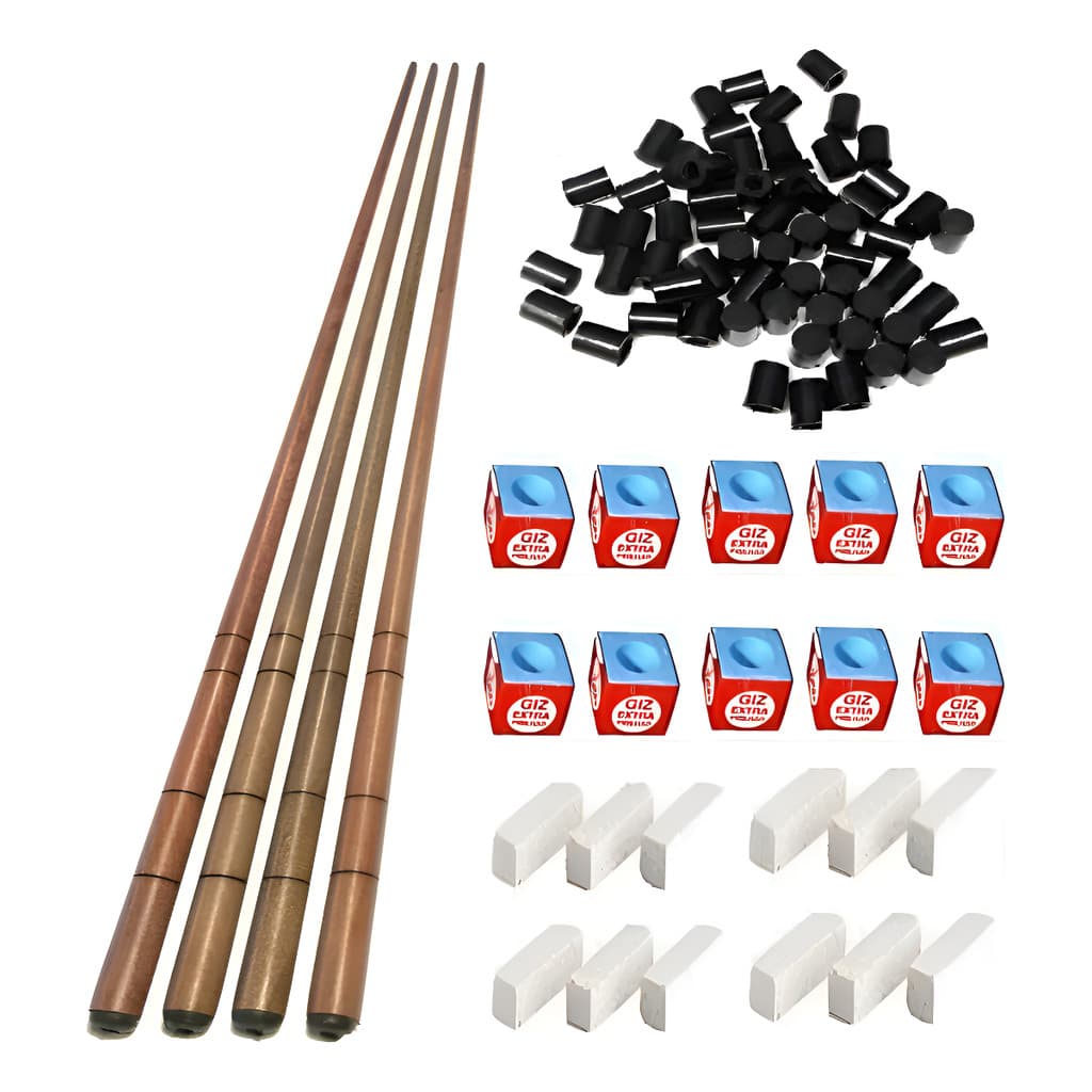 4 Tacos Bar Sinuca Snooker Ipê 1.20m + Kit Giz + 4 Virolas