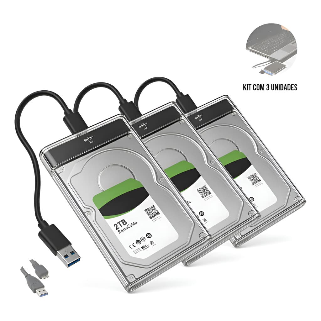 Kit 3 Cases Para HD SSD 2.5'' Externo Transparente Slim USB 3.0 Portátil Adaptador SATA Plug & Play