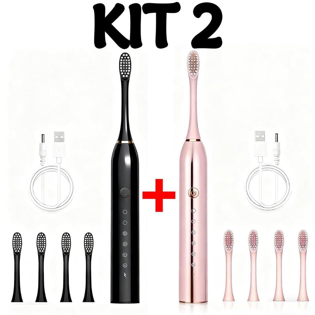 Kit Escova de Dente Elétrica 2 Unidades | IPX7 À Prova dÁgua + 7 Modos + 8 Cabeças | Recarregável Portátil para Casa