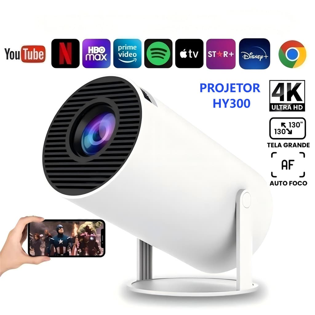 HY300 Projetor Portátil 4K HD 150 Polegadas Celular, Tv B0x, Xbox, PS, Pc, Wifi  Bluetooth Alto Falante Embutido