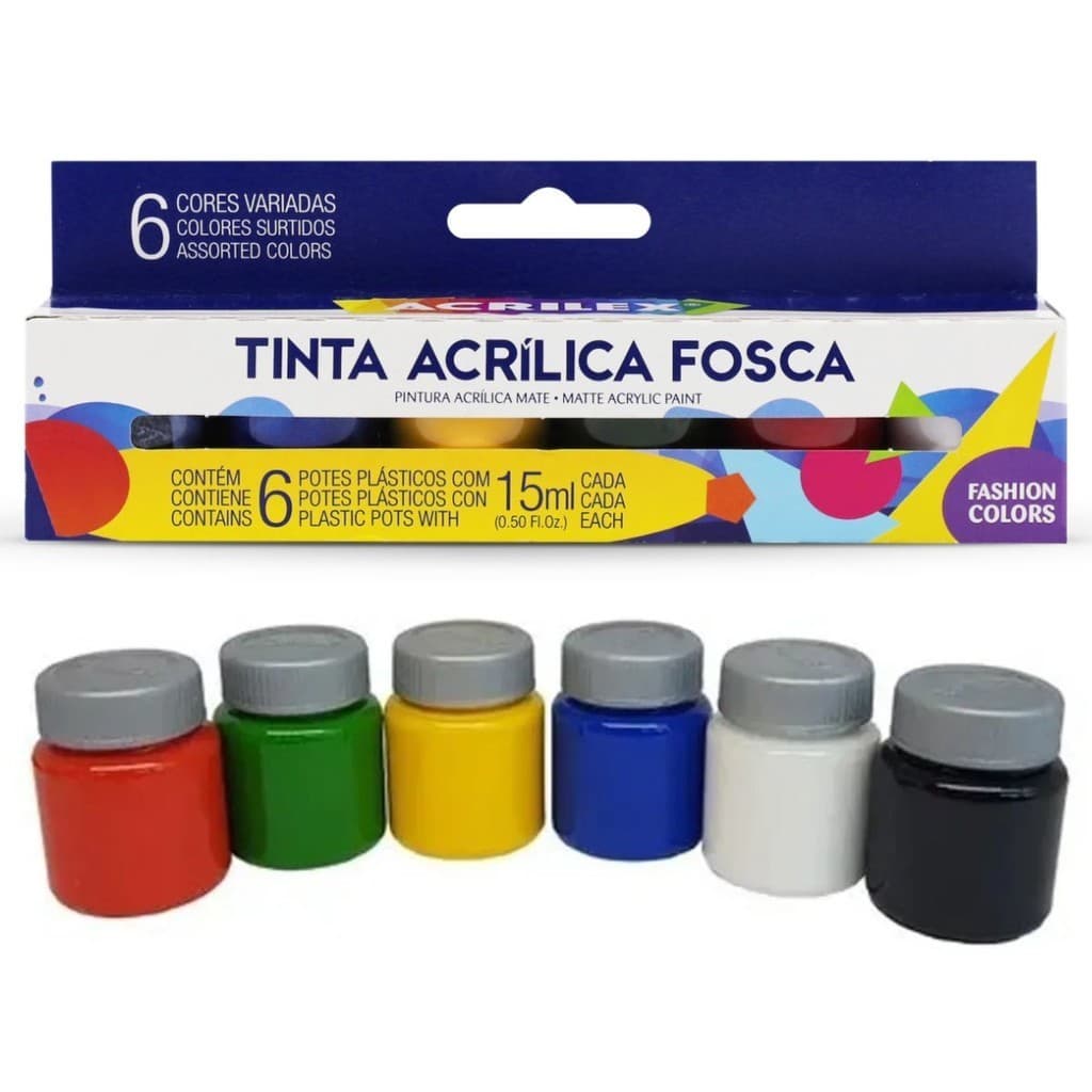 Conjunto Tinta Acrílica Fosca Acrilex Artesanato 6 Cores Potes 15ml