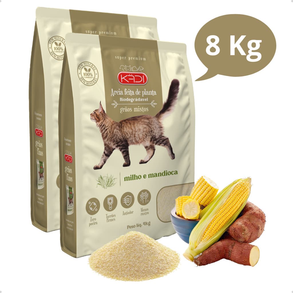 Kit 2 Areia Higiênica Natural Biodegradável Grãos Mistos de Milho e Mandioca para Gatos Kadi 8 kg