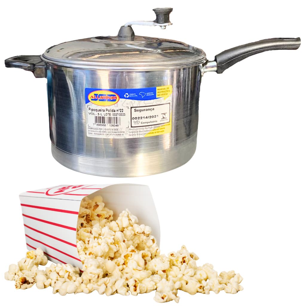 	Pipoqueira Panela de Pipoca 5L 22cm Alumínio Pintado com Aste Reforçada Apoio para Dedo Não Enferruja Leve de Fácil Uso