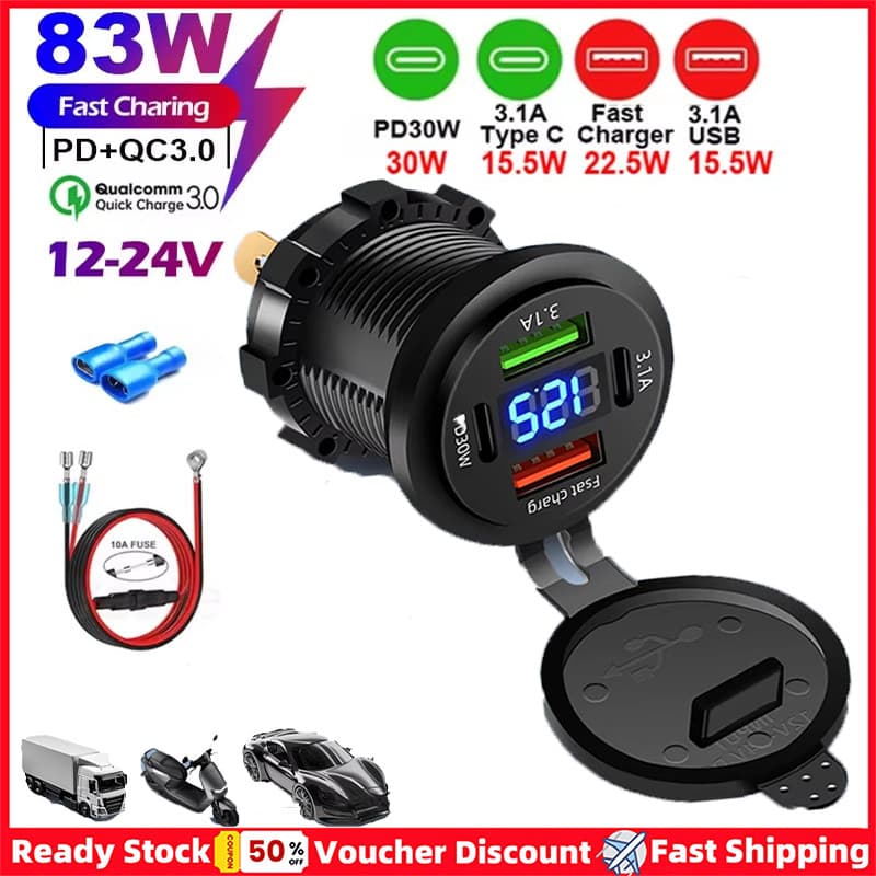 Carregador Rápido De Telefone Para Carro 83W Tomada PD 30W Carregamento 22.5W Dual USB + Type C 4 Portas Adaptador De En