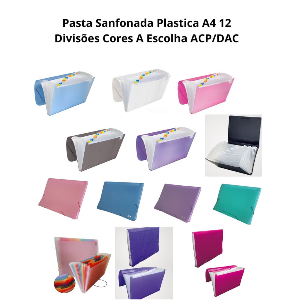 Pasta Sanfonada Plastica A4 12 Divisões - Cores a Escolher