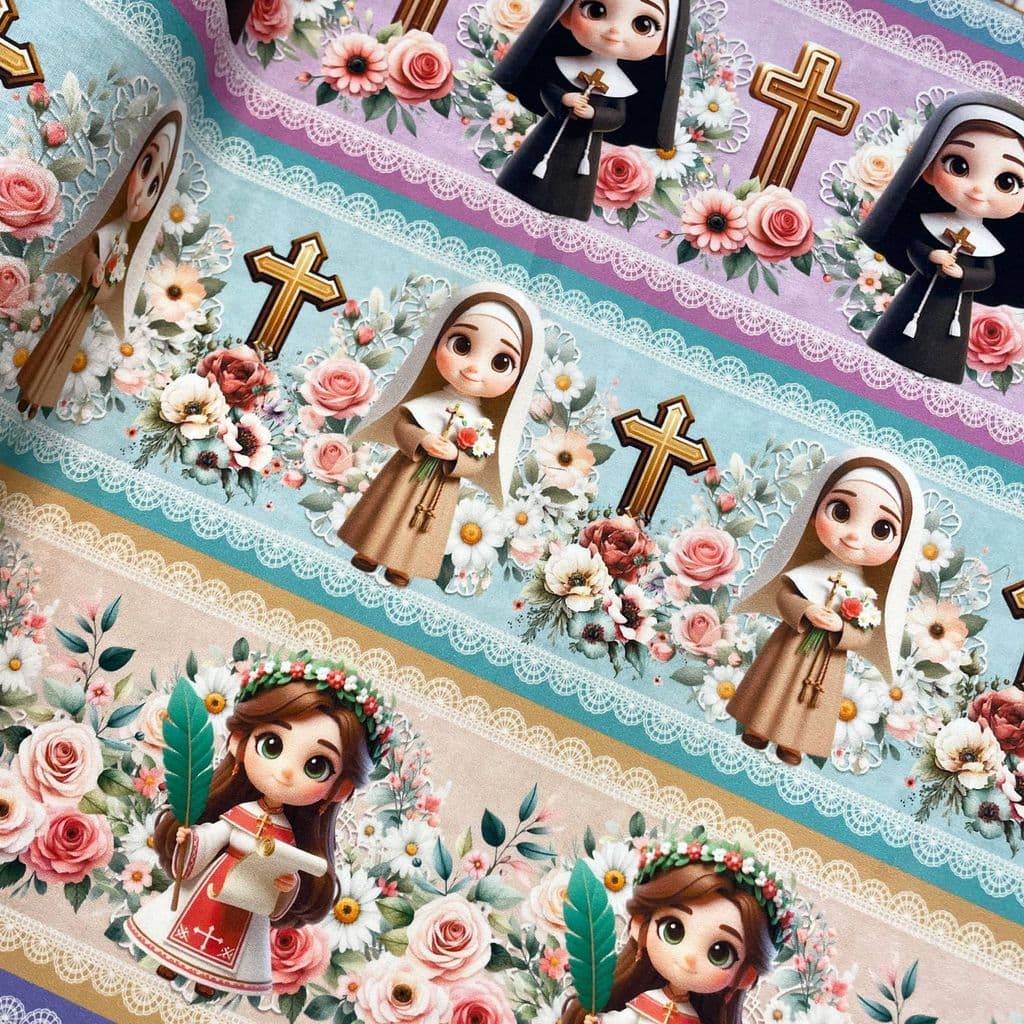 Tecido Tricoline Digital Santinhas e Flores 55cm x 1,50mt Natal 10 Barrados 100% Algodão