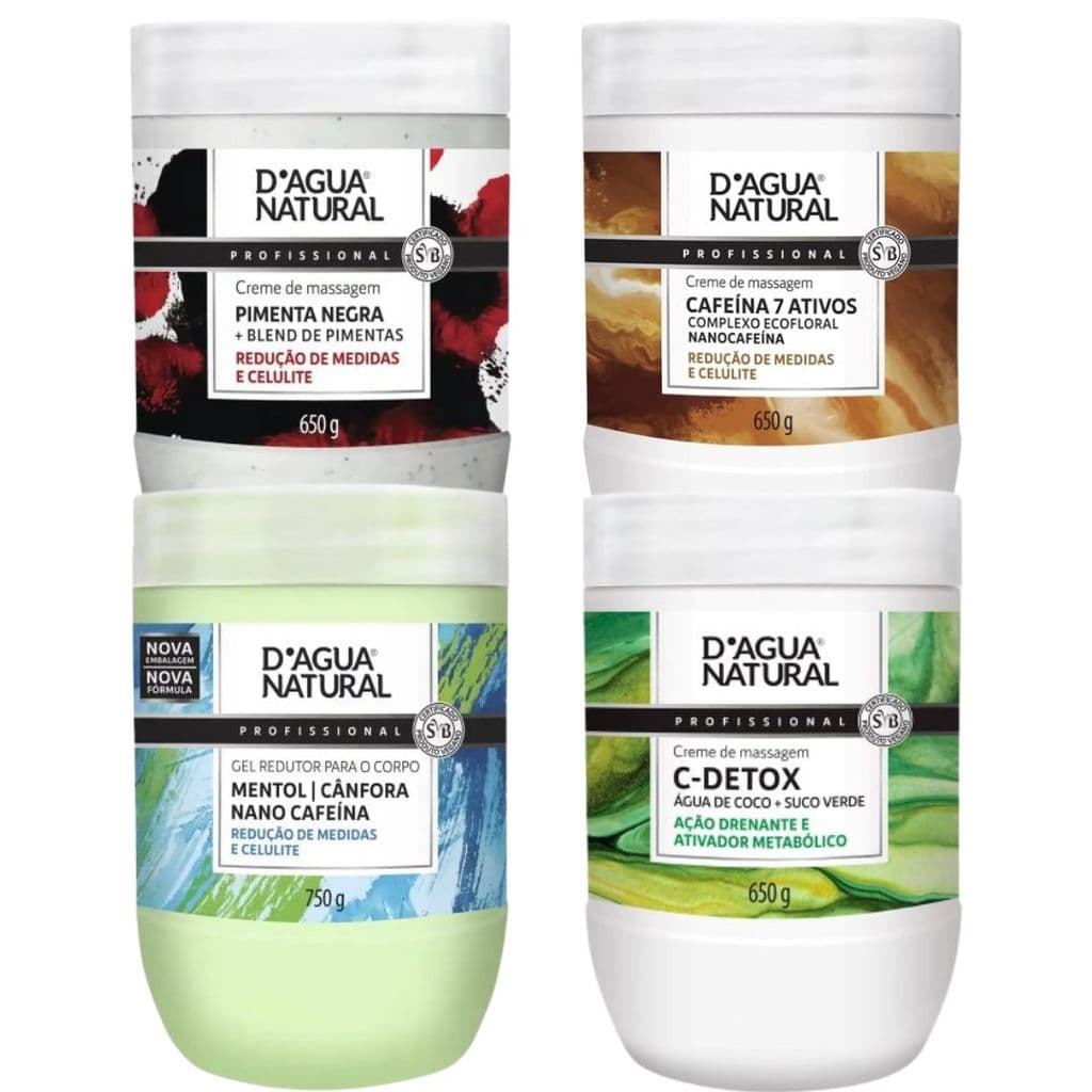 Monte Seu Kit D’Água Natural – Escolha 4 Cremes: Pimenta Negra, Gel Redutor, Cafeína 7 Ativos e C-Detox!