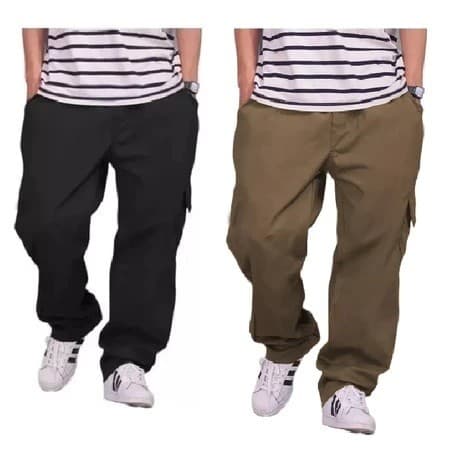 kit 2 ou uma Calça Cargo jeans e sarja Larga Masculina Skate Caqui 6 Bolsos Fechamento Cordão unisex