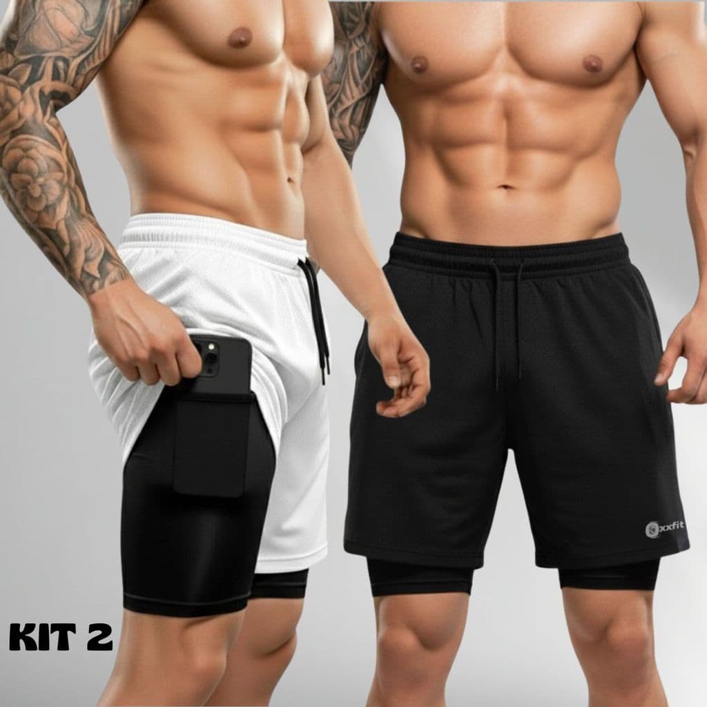 Kit 2 Shorts Masculino 2 Em 1 De Compressão Bermuda Dry Fit Para Academia Treino Do P ao G3