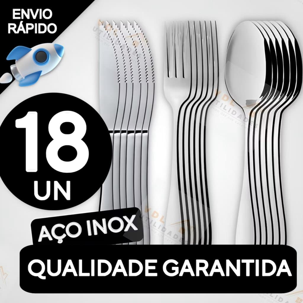 Jogo de Talheres Inox 18 peças Aço Inox 6 Facas 6 Garfos e 6 Colheres de Mesa Casa Para Restaurante Bar Lanchonetes