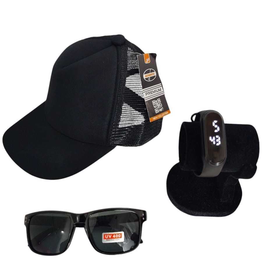 KIT INFANTIL ÓCULOS BONÉ Com Tela RELÓGIO PRETO Unissex Infantil