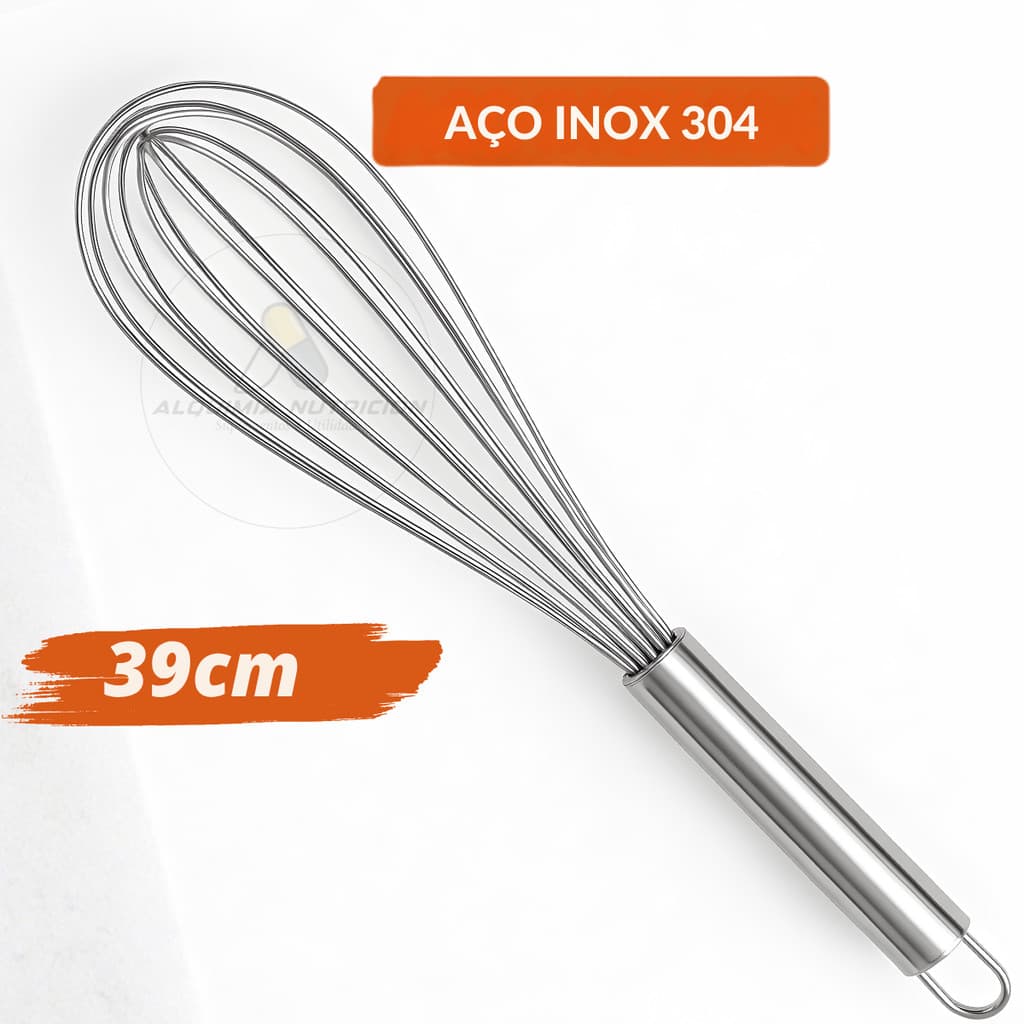 Batedor Manual Fouet Inox 39cm Profissional | Fouet Resistente Antiferrugem Cabo Ergonômico