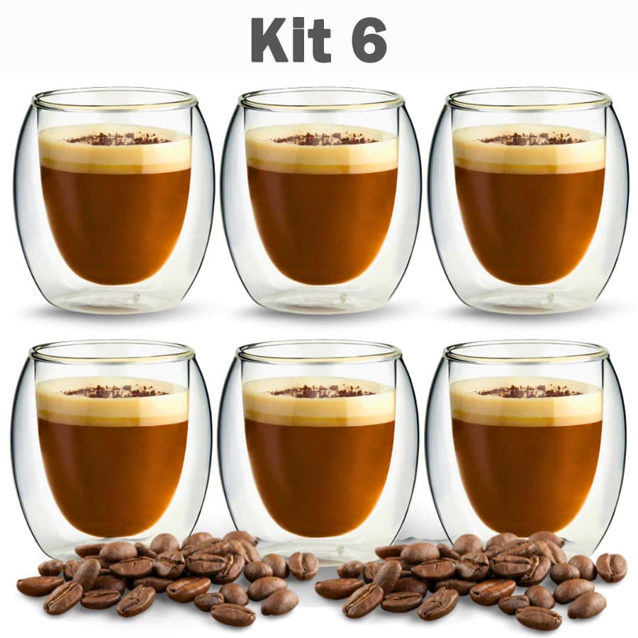 Kit 6 Copo Xícara Parede Dupla Vidro Café Shot Dose Moderno Chique Cantinho Café Escritório