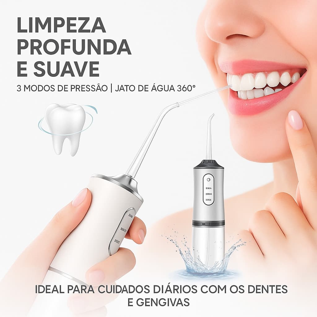 Irrigador Dental Portátil para Limpeza Bucal 220ml USB Recarregável com Múltiplos Modos