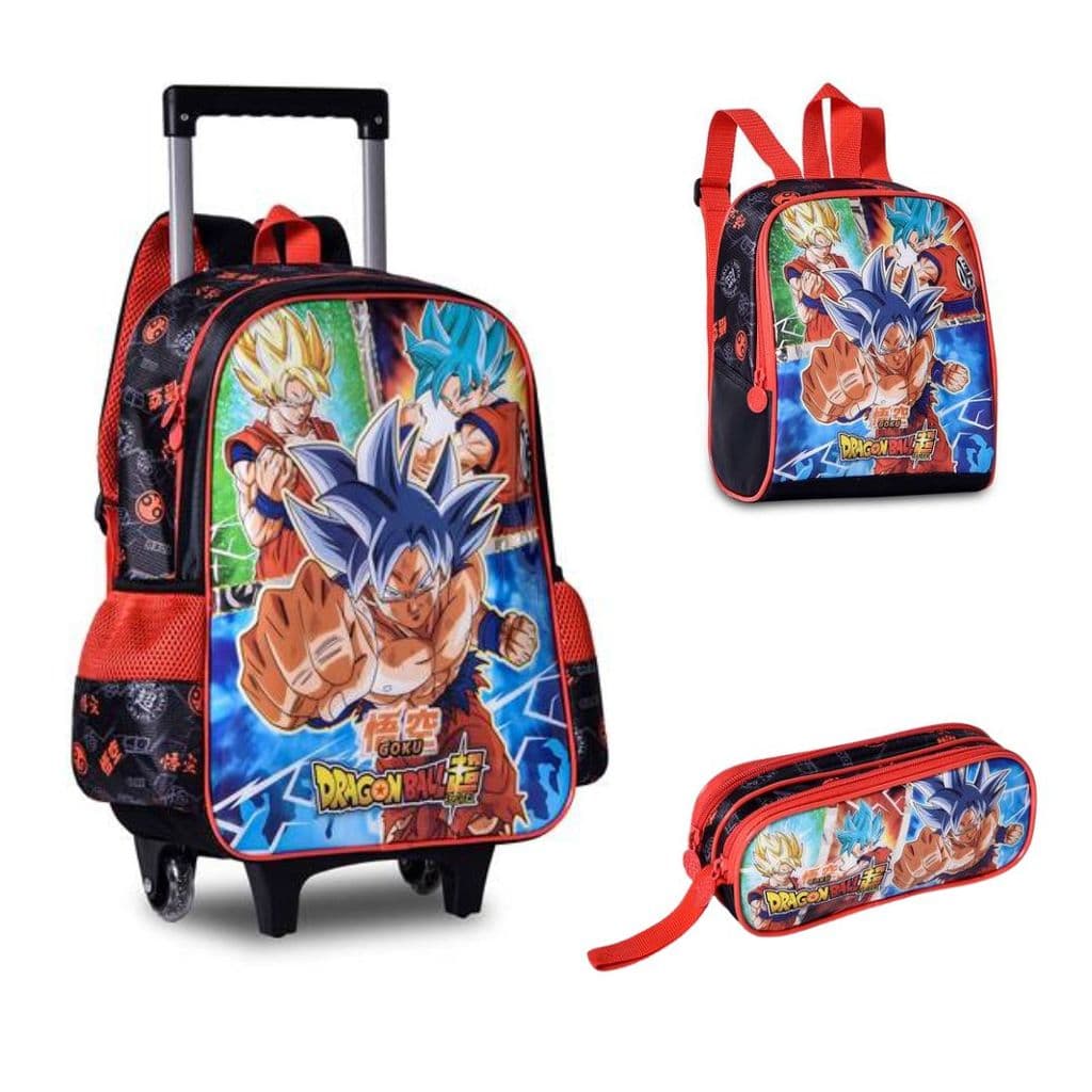 MOCHILA LANCHEIRA E ESTOJO INFANTIL ESCOLAR REFORÇADA COM RODINHA - DRAGON BALL Z