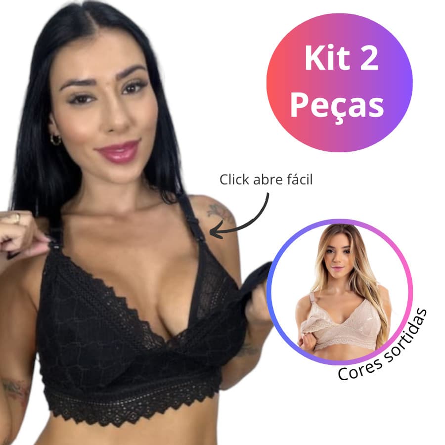 Kit 2 Sutiã de Amamentação Reforçado em Renda com Click abre fácil Ref:3002