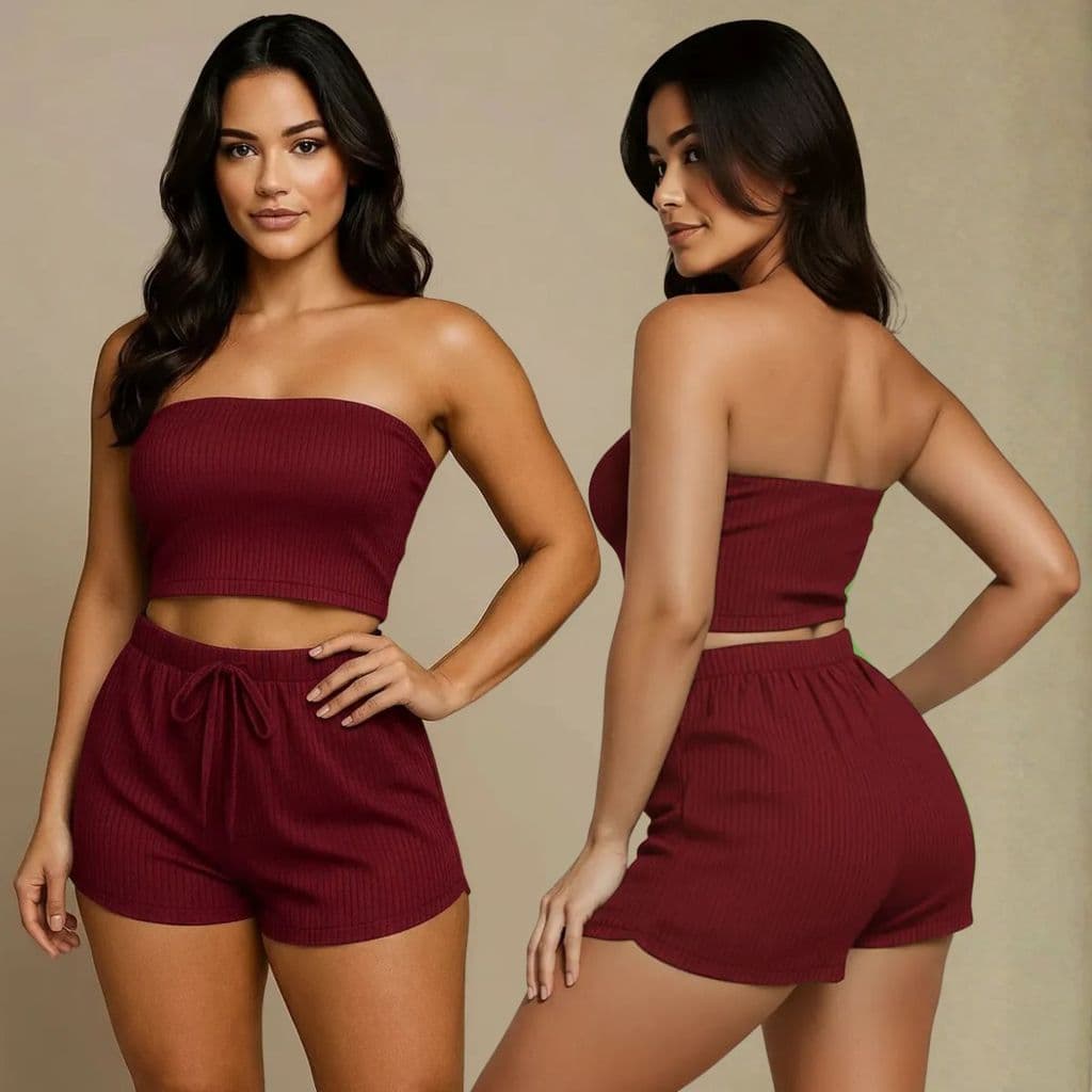 Conjunto Feminino Verão Cropped e Short Canelado Top e Shorts Feninino Paty Femenino Duas Peças Tamanho 36 ao 58