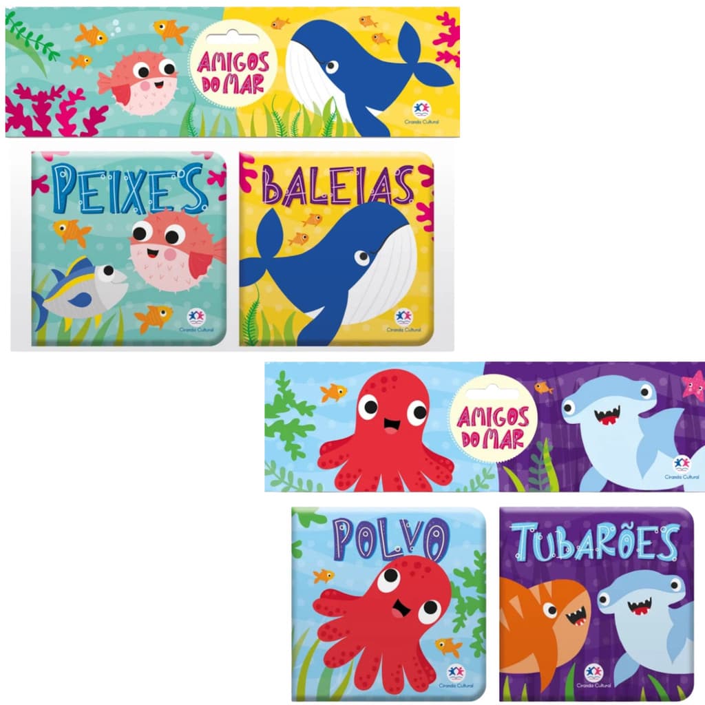 Kit 2 Livros de Banho | Polvo e Tubarões + Peixes e Baleias | Amigos do Mar