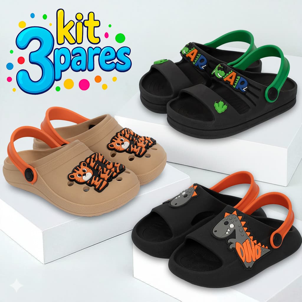 Kit 3 Pares Sandália Papete Infantil Menino Confortável Promoção