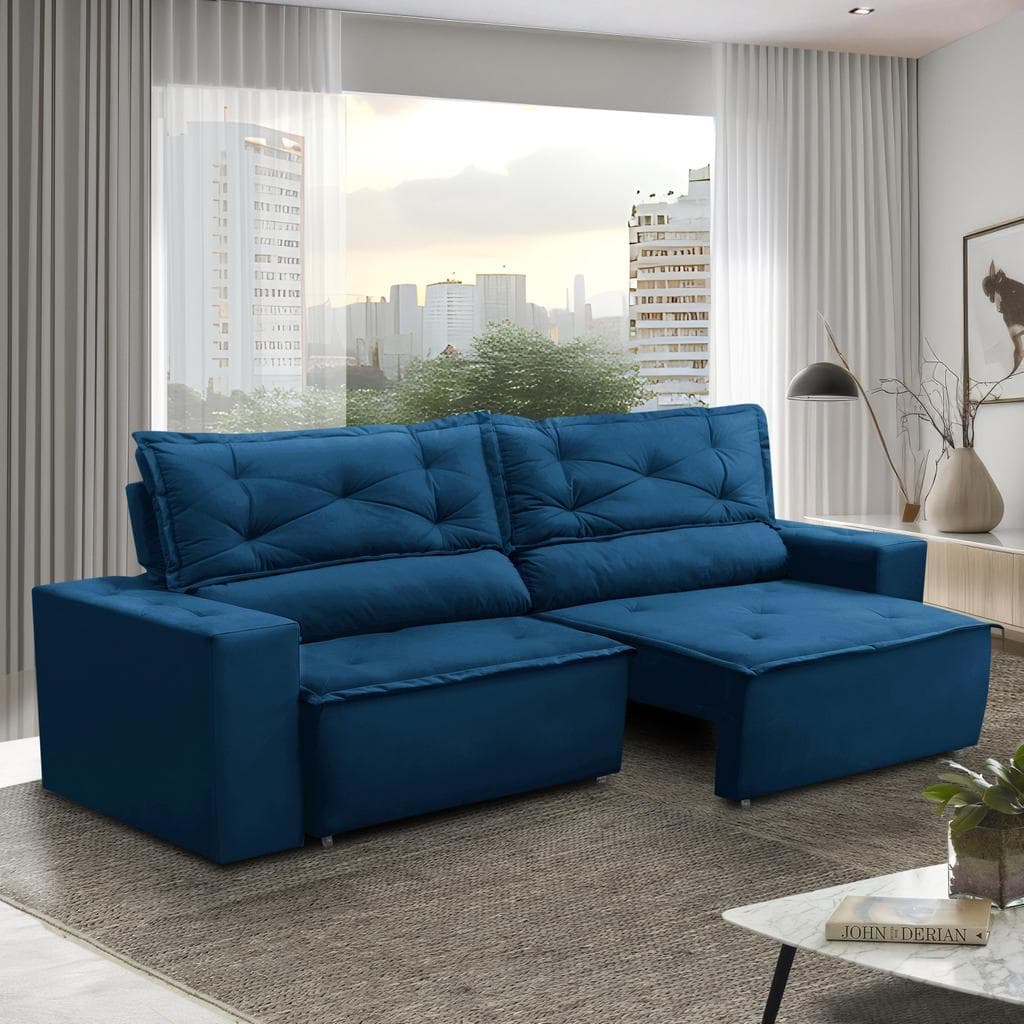 Sofá Retrátil e Reclinável 2 lugares com Molas 1,50m Livia Suede Azul Adonai Estofados