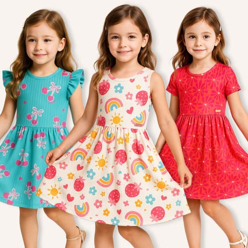 Kit 3 Vestidos Estampas Sortidas Infantis Menina Estampado Alça de Amarrar Verão Festa 4 a 10 Anos