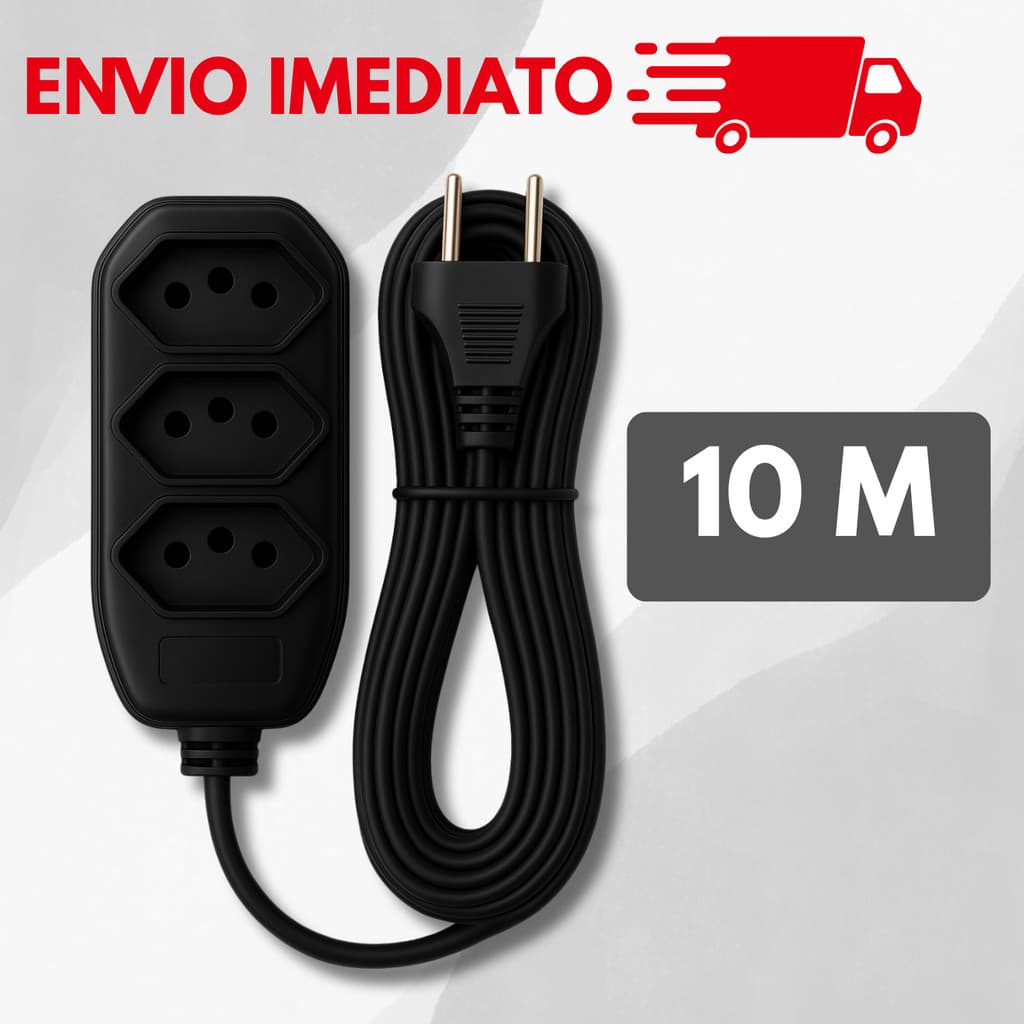 Extensão elétrica de 10 metros bivolt 110v/220v preta 3 pinos 10A padrão brasileiro NBR 14136