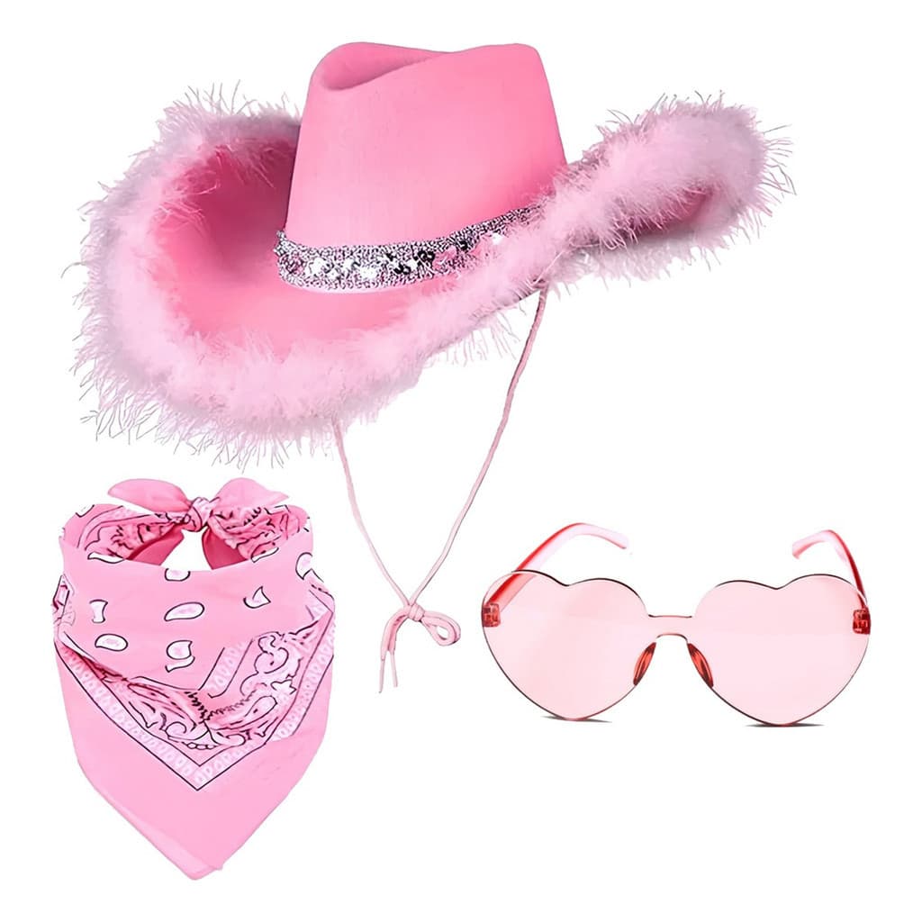Kit 3un Chapéu Cowboy Rosa Faixa Prata Óculos Coração Lenço Adulto Infantil Country Festa Boiadeira Vaqueira Fantasia