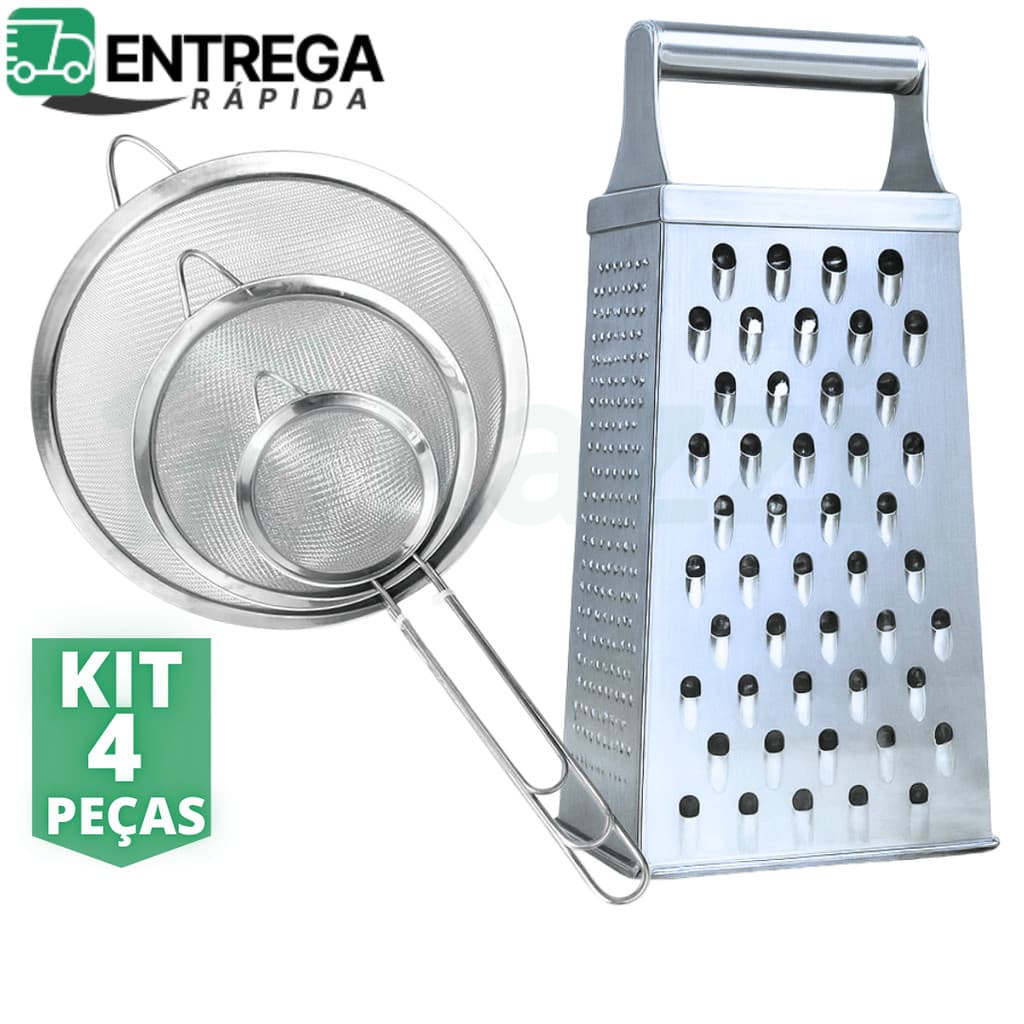 Kit 4 Peças Ralador 4 Faces Inox 3 Peneiras de Multiuso Inox de 8cm 10cm 12cm Utensílios de Cozinha