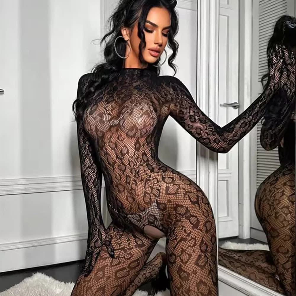 Sexy Oco Fishnet Ursinhos Bodysuit Feminino Erótico Crotchless Lingerie Manga Cheia Bodystockings Perspectiva Teddy Malh
