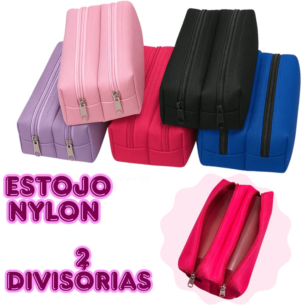 Estojo Duplo Nylon Liso Grande 2 Divisórias Ziper Duplo