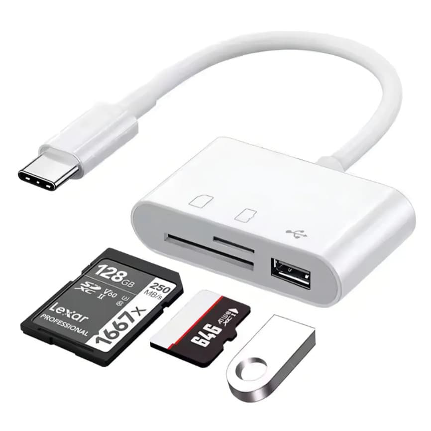 Adaptador Tipo-c Leitor De Cartão Sd, Tf E Usb Wassay Cor Branco