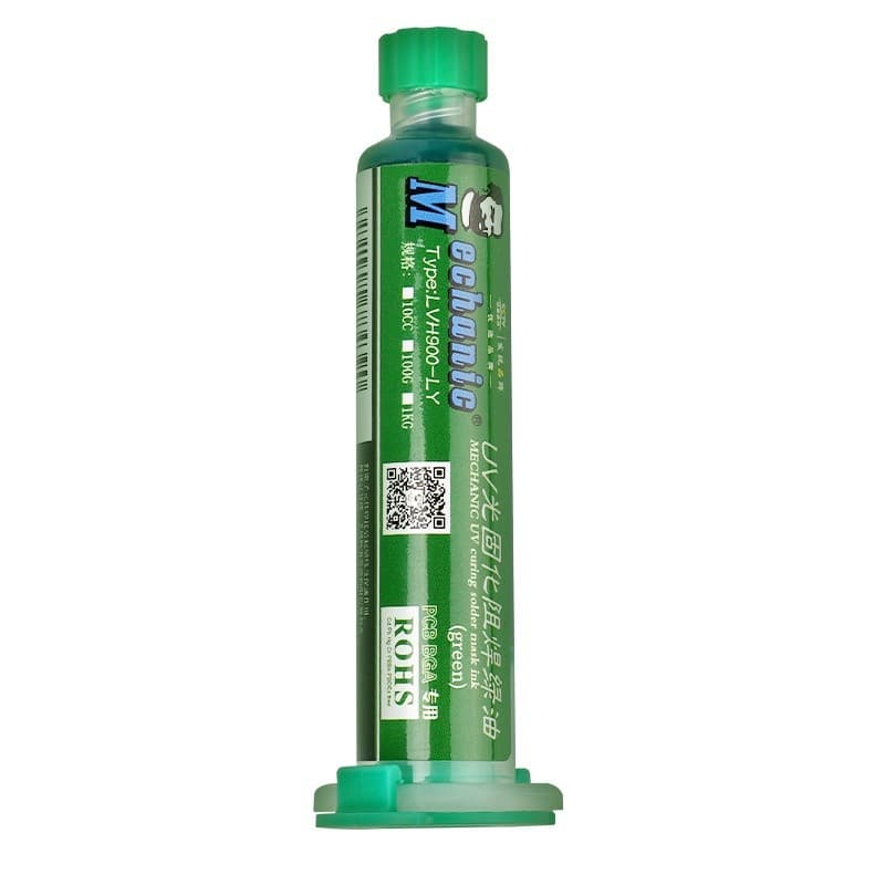 Máscara UV Verde Mechanic UVH900 10cc | Tinta UV para PCB em Seringa | Proteção de Trilhas e Reparos em Placas