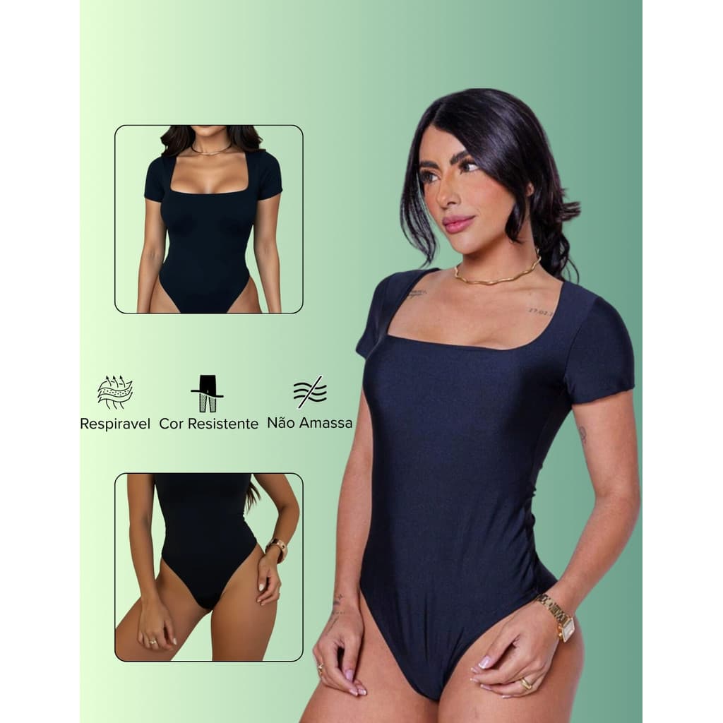 Body Feminino Manga Curta Suplex Justo Gola Quadrada  Casual Promoção