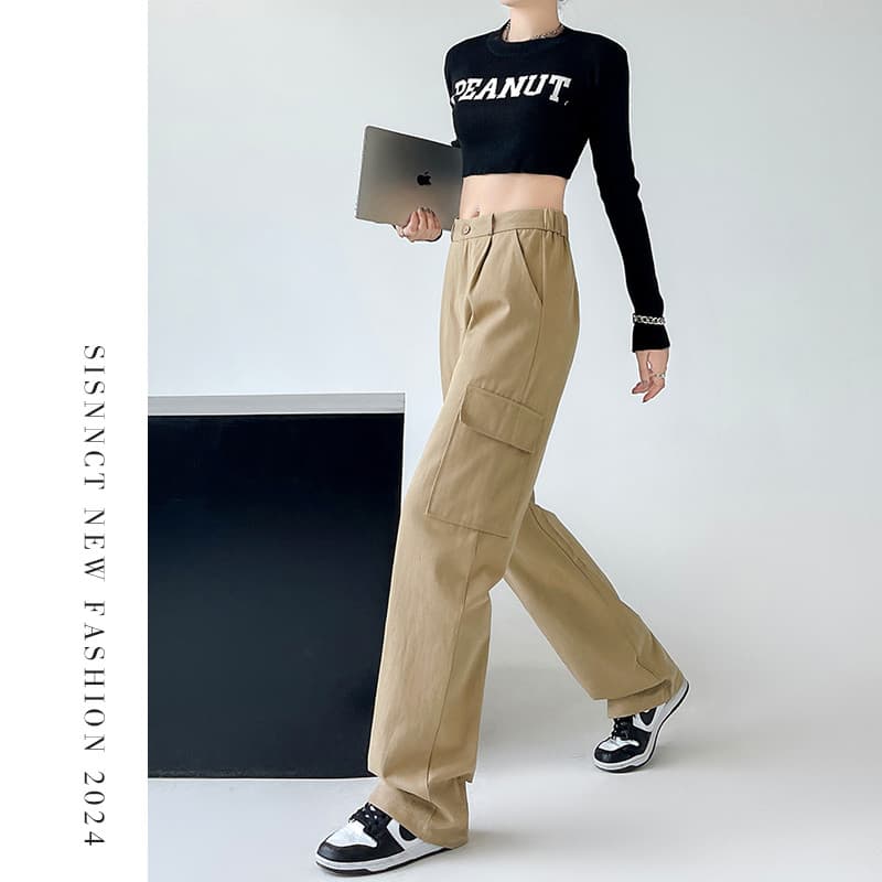 Macacão reto feminino 2025 novo estilo primavera outono cintura alta solto Retro cáqui esportes casuais calças de perna 