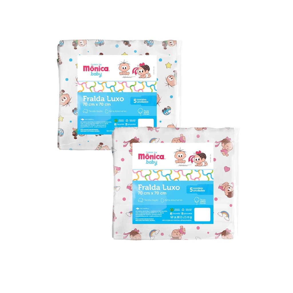 Fralda Pano Luxo Turma da Mônica 5 Unidades 100% Algodão 70Cm X 70Cm