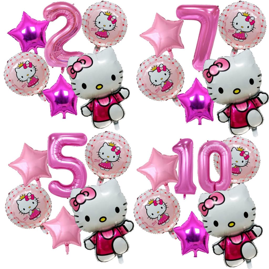 Kit 6 Balão Metalizado Hello Kitty Rosa + 2 Balão Redondo + 2 Estrelas + Número Decoração Festa